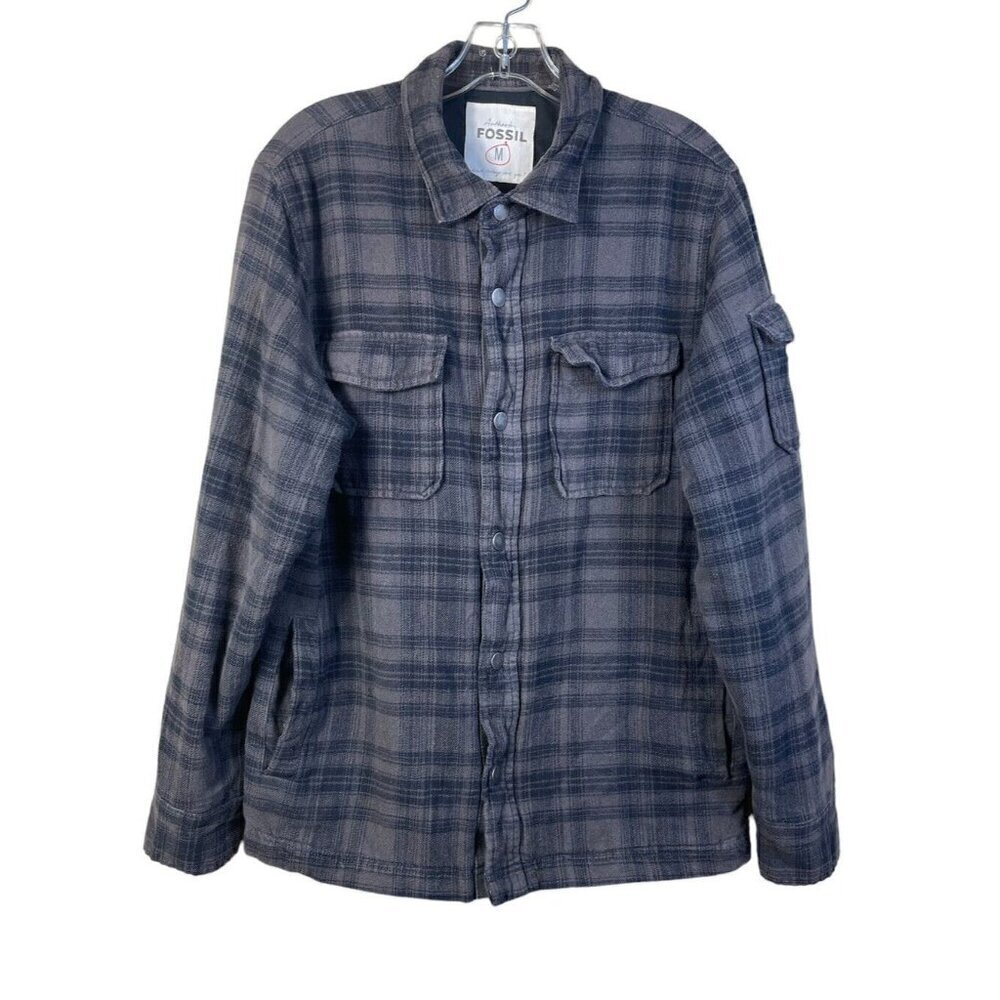 Fossil Flannel Shirt Utility Jacket Plaid Gray Shacket Size M Medium Pockets